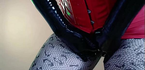  sexy curvy MILF Arya Grander fetish model posing in latex rubber catsuit